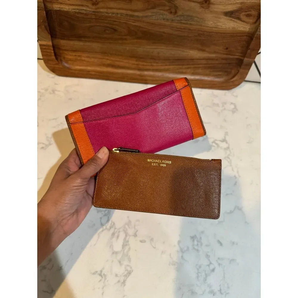 Michael Kors Saffiano Leather Envelope Carryall Wallet pink orange vibrant